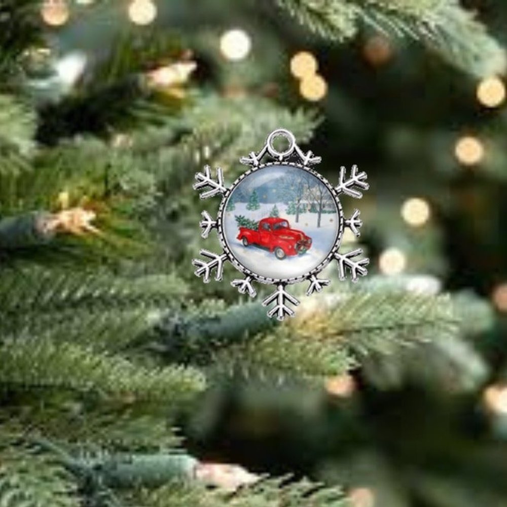 Red Retro Farm Truck Silver Snowflake Christmas Ornament Home